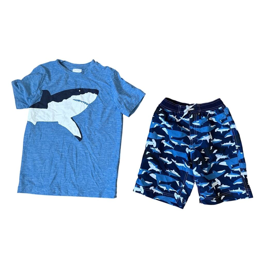 Hanna Andersson Boys Sharks Swim Trunks & Graphic T-Shirt Size 8-10